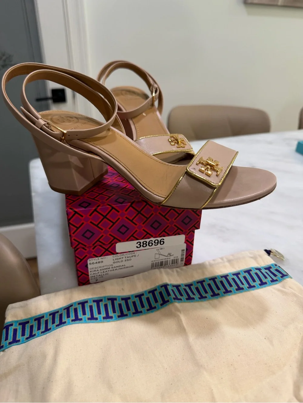 Tory Burch Beige Leather Ankle-Strap Sandals with Gold Logo